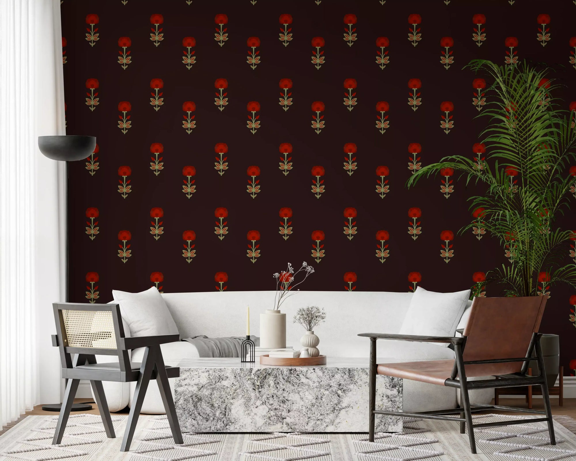 Crimson Mughal Blooms wallpaper warms a wide, open living room GD10749