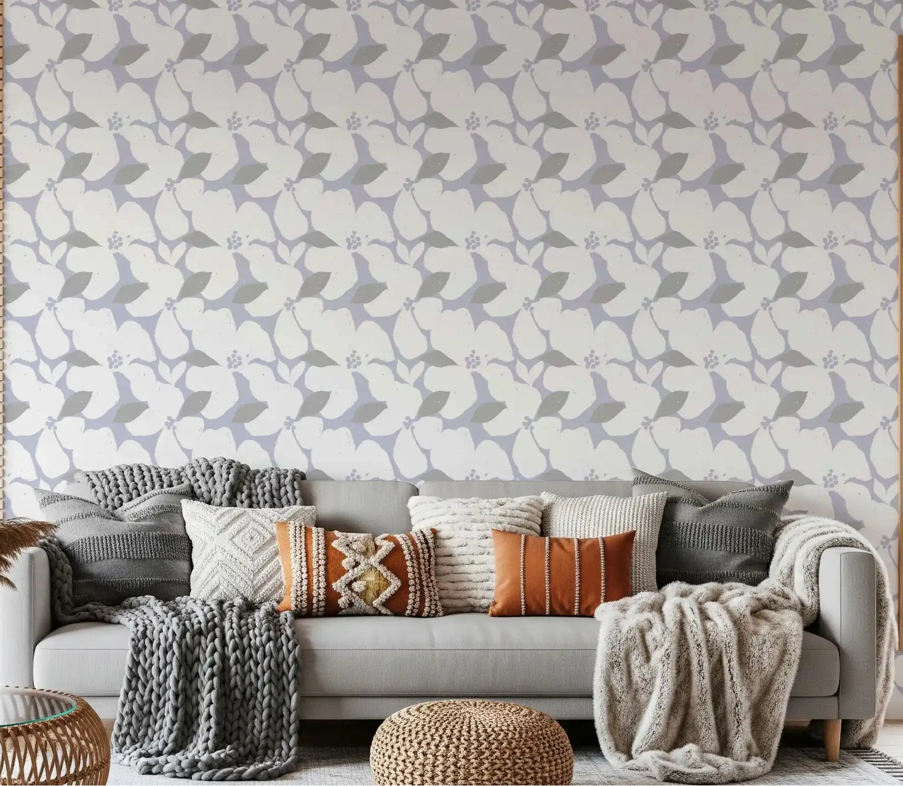 Nordic blossom wallpaper giving a living room a light, airy backdrop GD10751
