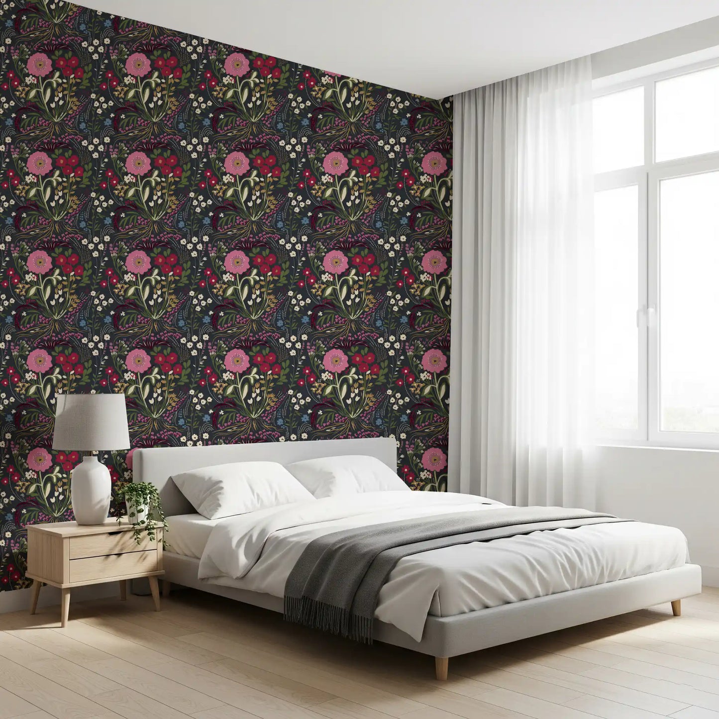 Enchanted Midnight Folk Floral Wallpaper Wallpaper⁠