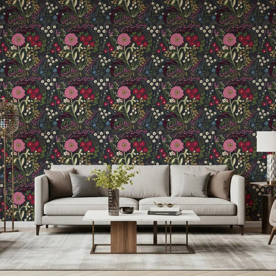Enchanted Midnight Folk Floral Wallpaper set behind a calm Living room GD10753