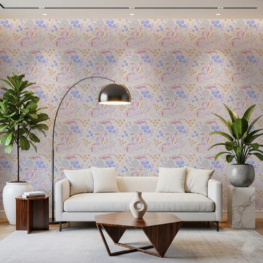 Whimsical Pastel Meadow Floral wallpaper lightens a calm, open living room GD10755
