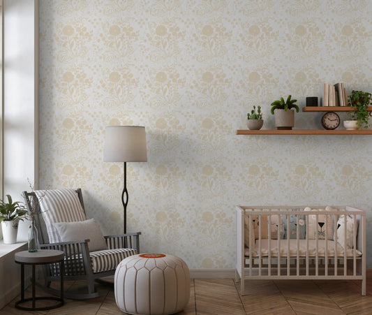 Whispering Meadows wallpaper wrapping a nursery in warm beige florals GD10757
