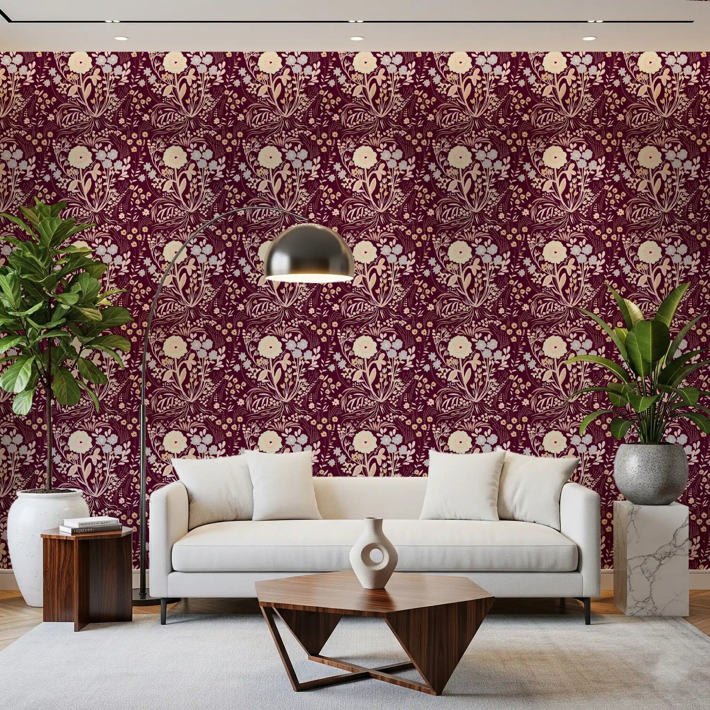 Midnight Wildflower Meadow on Red Wallpaper⁠