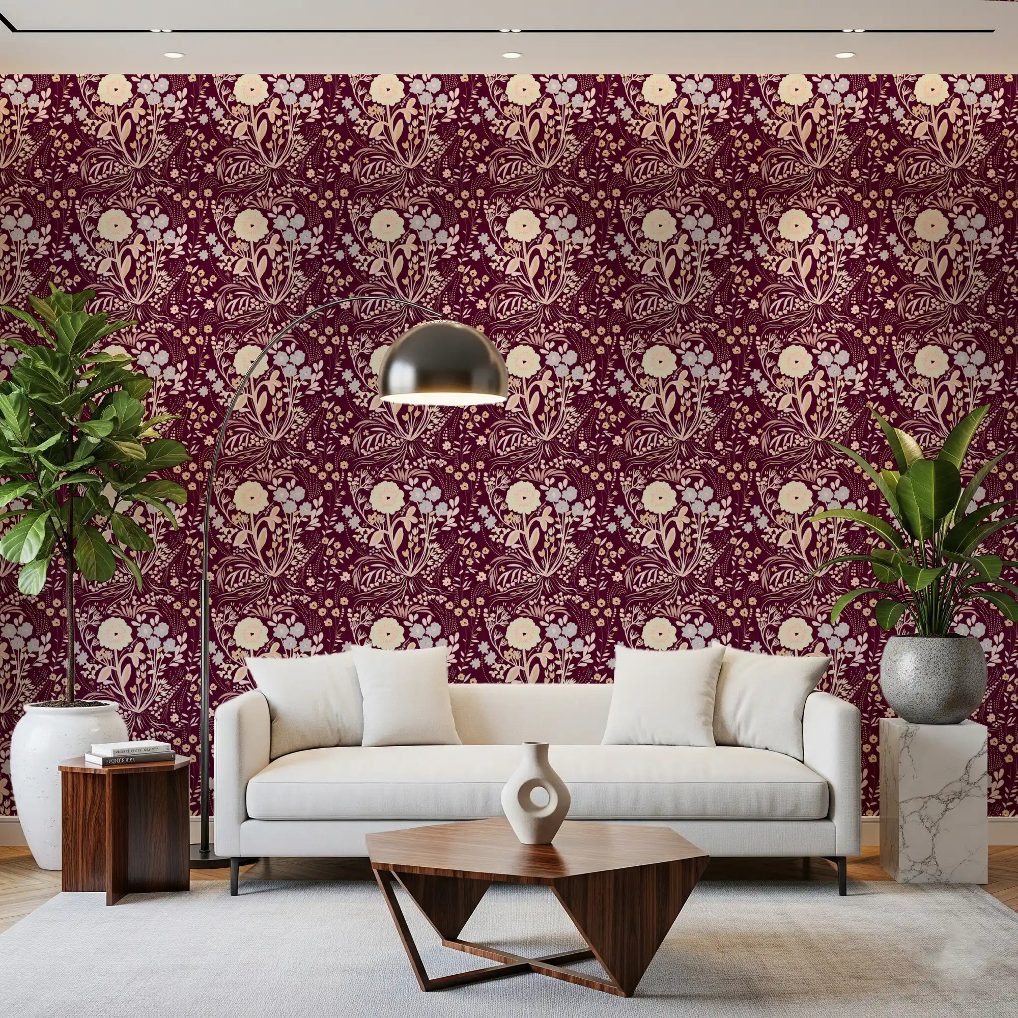 Midnight Wildflower Meadow on Red Wallpaper set behind a warm living room GD10758
