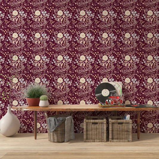 Wildflower meadow wallpaper wrapping a Living room in wine tones GD10758