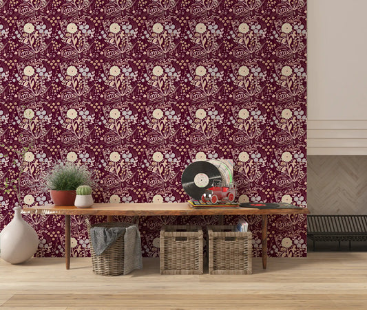 Midnight Wildflower Meadow on Red Wallpaper⁠