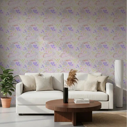Living room filled with lilac blooms on this pastel meadow wallpaper GD10759