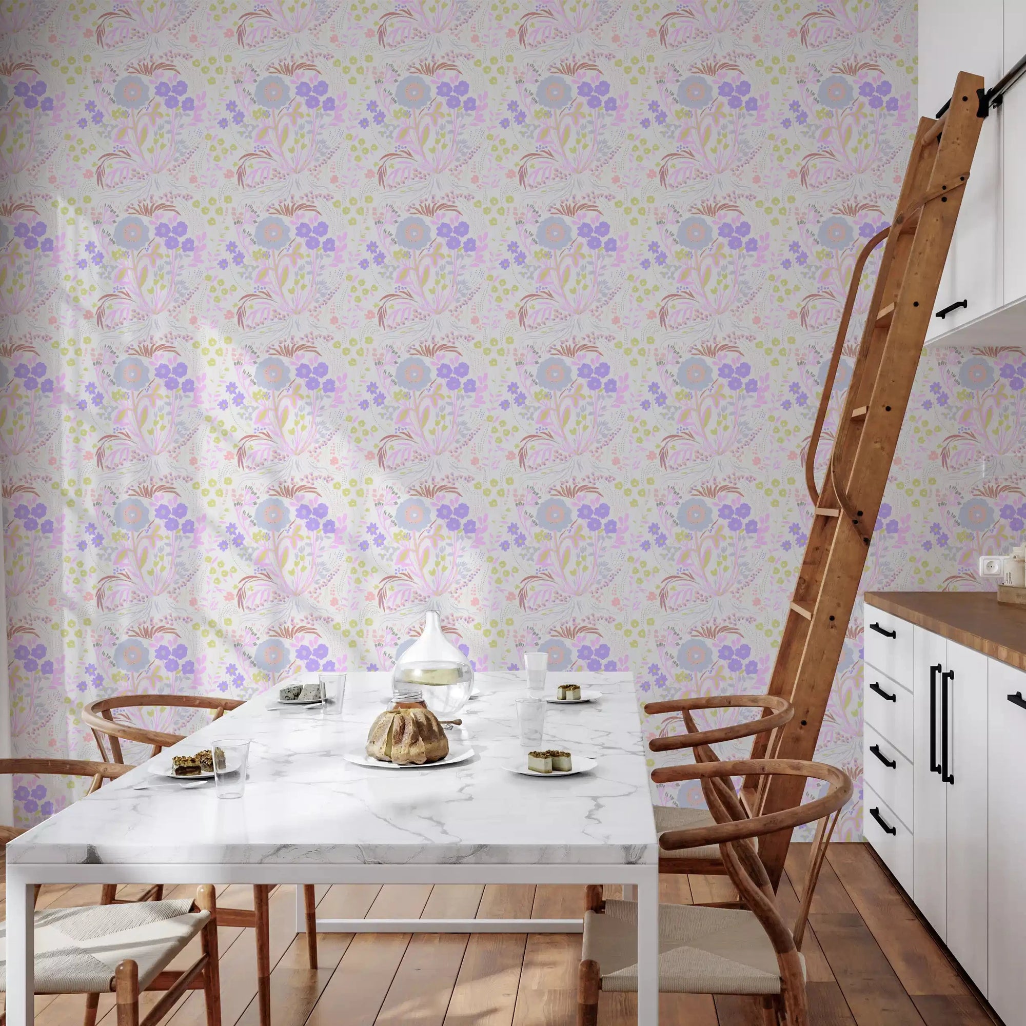 Kitchen-dining area lifted by the Whimsical Pastel Meadow Floral Wallpaper GD10759
