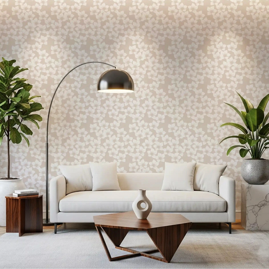Dense white blooms on taupe calm a restful Living room, cottagecore wallpaper GD10760