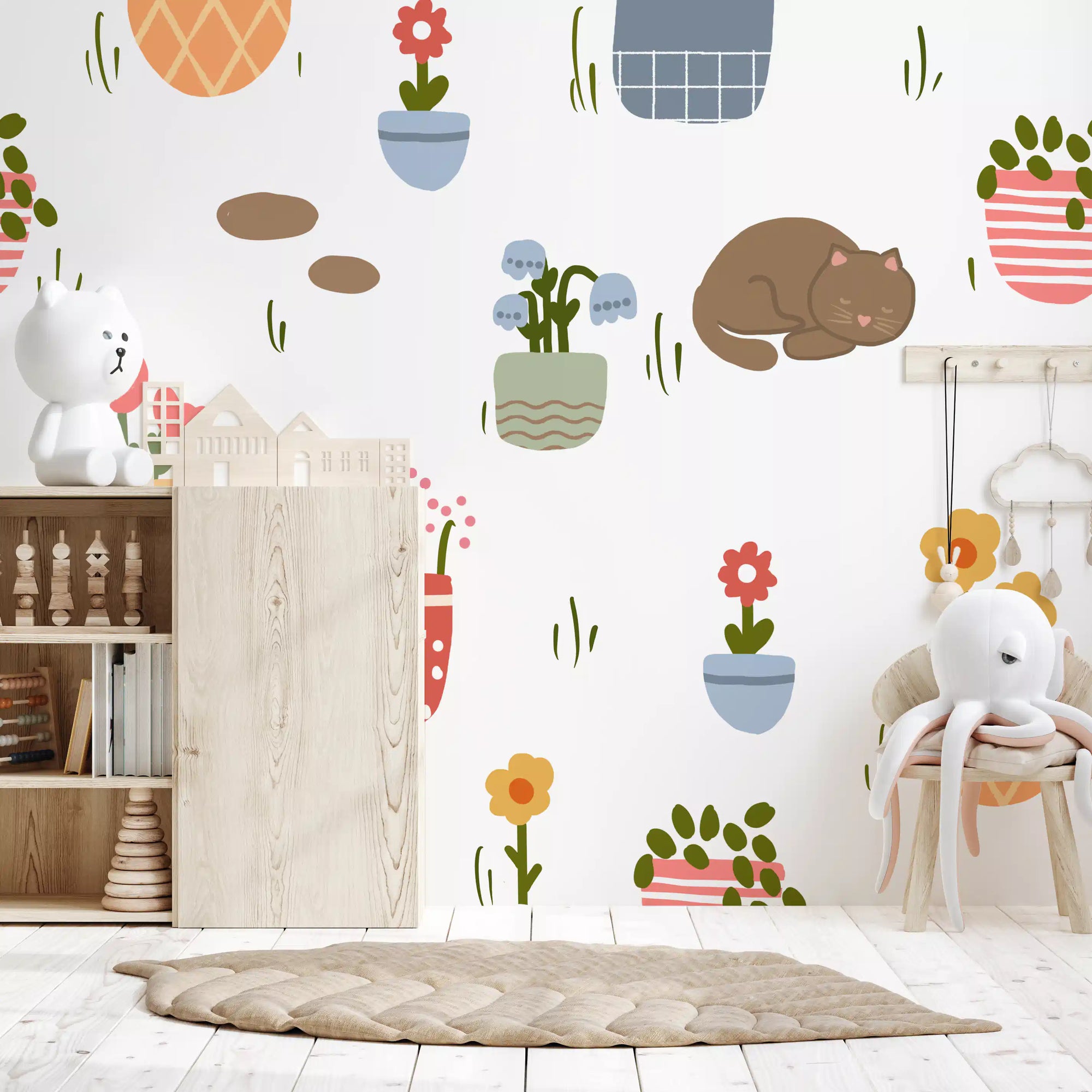 Sleeping Cats and Potted Plants Wall Mural in a sunny Kids room GD10763