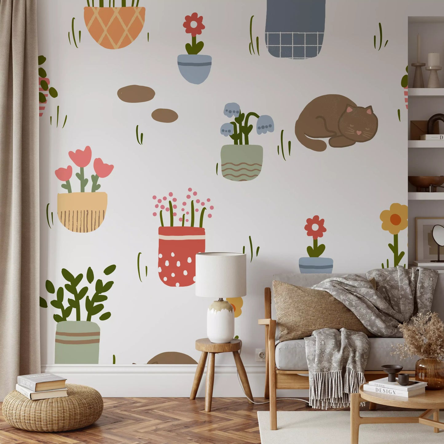 Behangmuur met slapende katten en potplanten