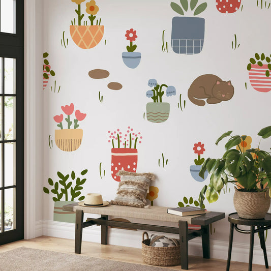 Carta da parati murale Gatti Dormienti e Piante in Vaso