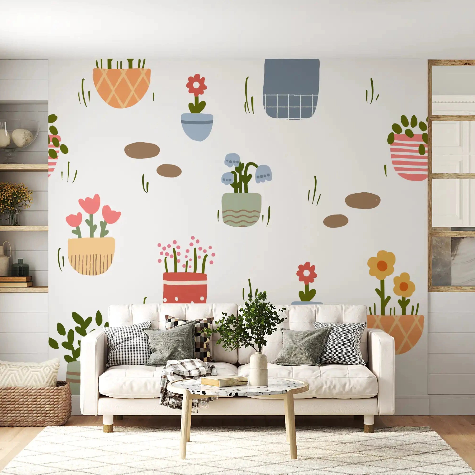 Potted Flower Garden wall mural lighting up a sunny living room, GD10764
