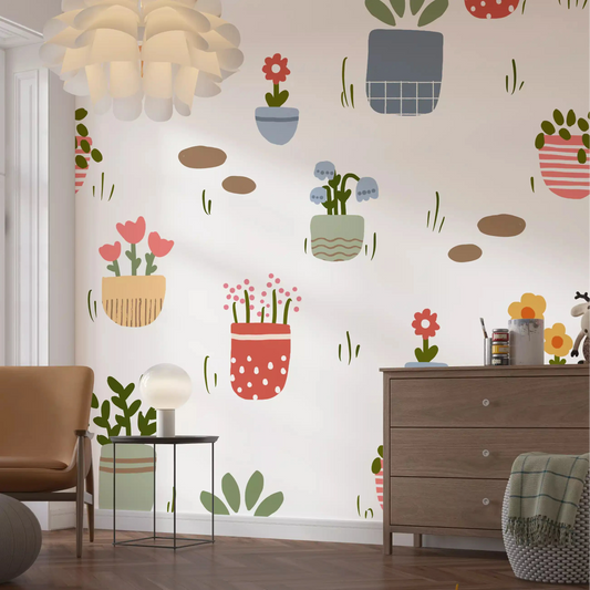 Cheery pots of blooms filling a calm Living room, Potted Flower Garden wall mural GD10764