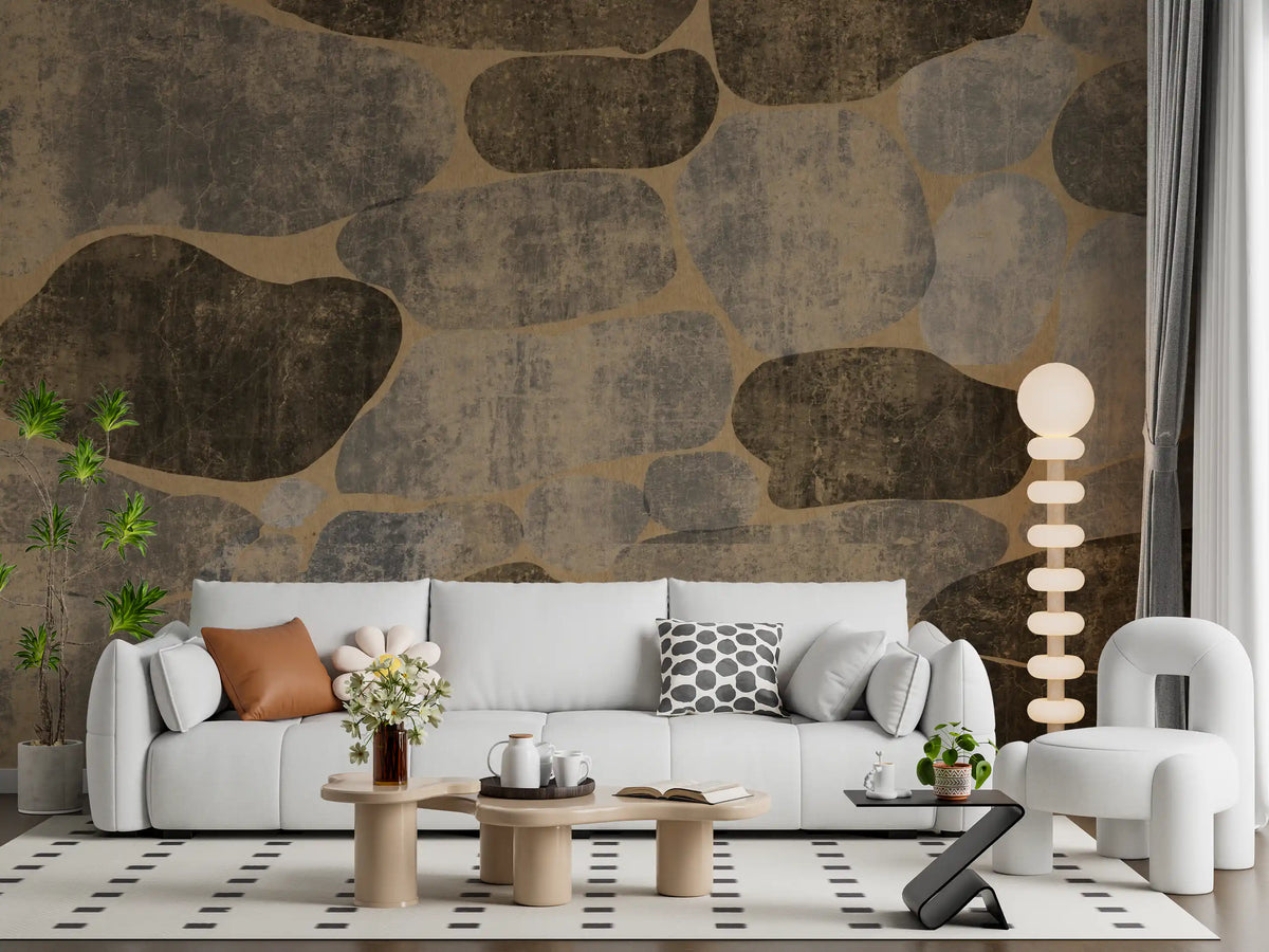 Rustic cobblestone stone wall mural across a warm living room GD10765
