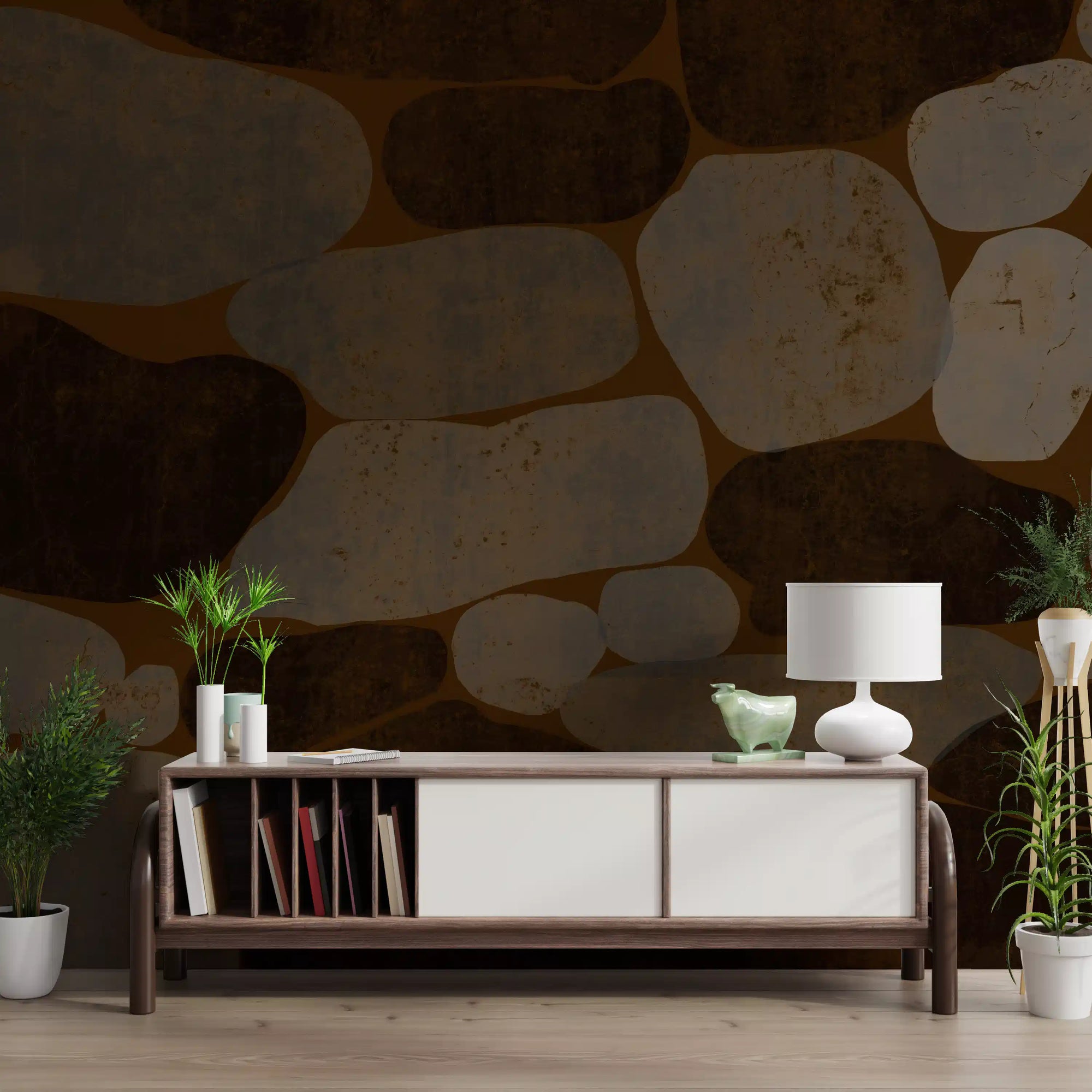 Textured cobblestone stone wall mural warming a hallway  GD10770
