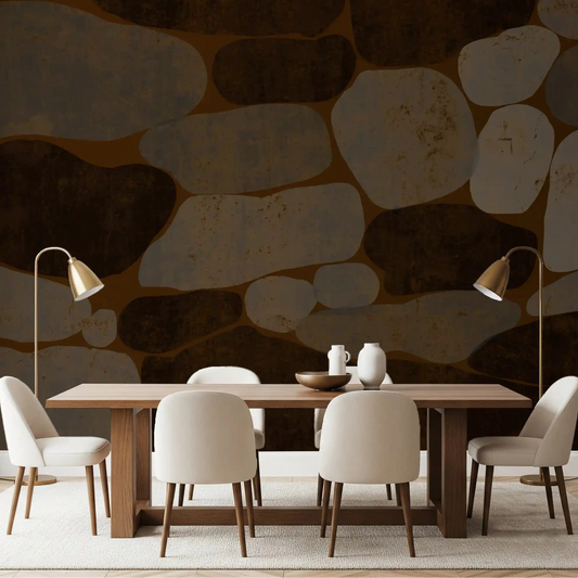 Brown cobblestone wall mural framing a moody dining room GD10770
