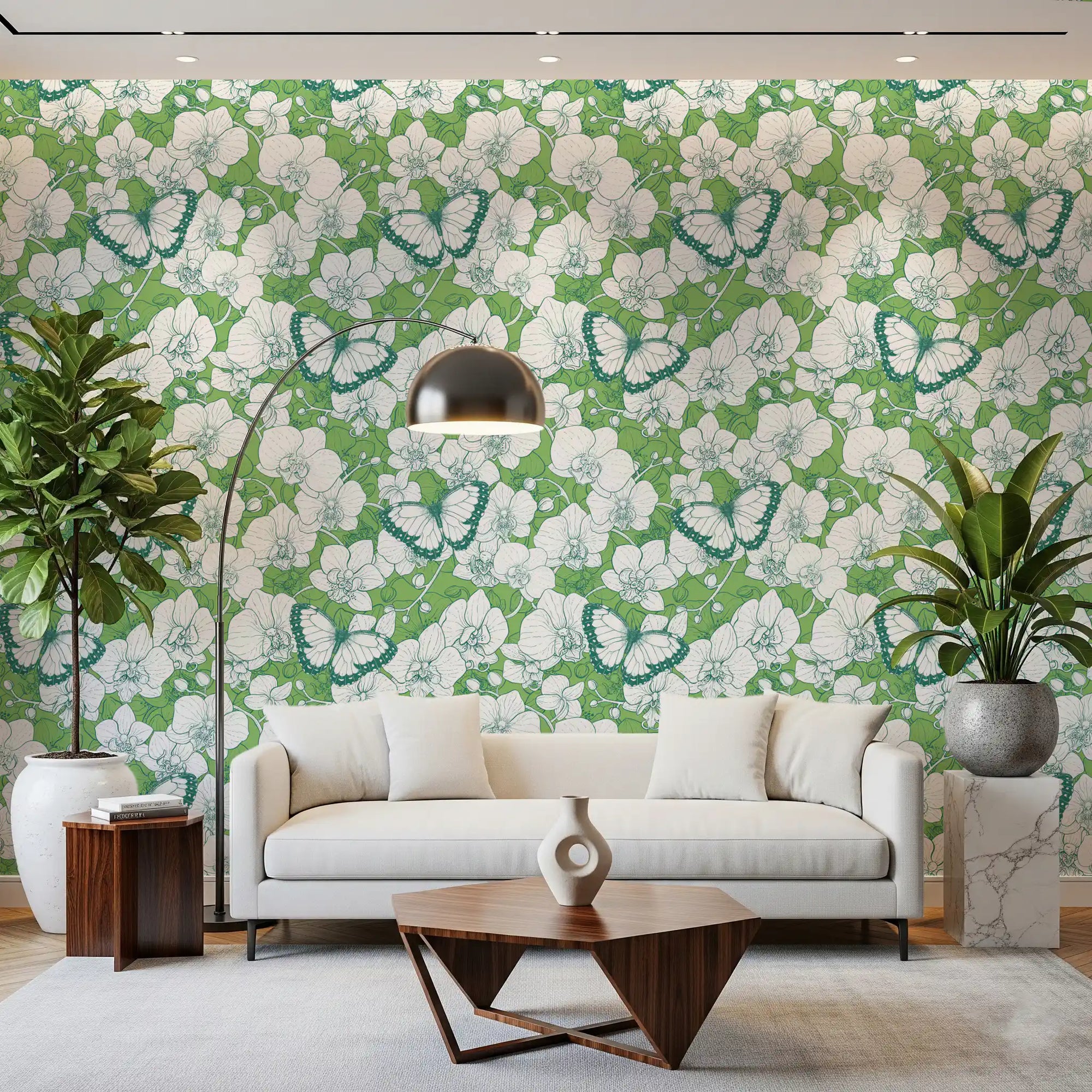 Botanical orchid garden wallpaper filling a fresh living room GD10772
