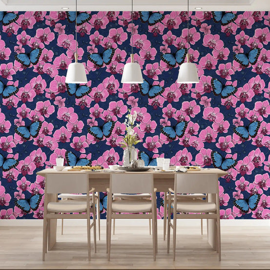 Pink orchids and blue butterflies filling a dining room, botanical wallpaper GD10773
