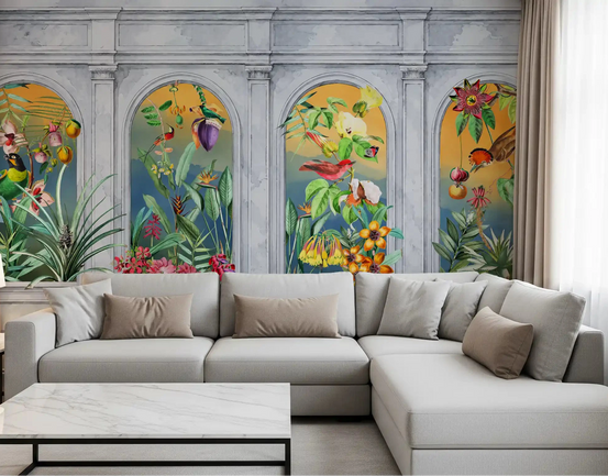 Vintage tropical colonnade wall mural spanning a living room GD10775
