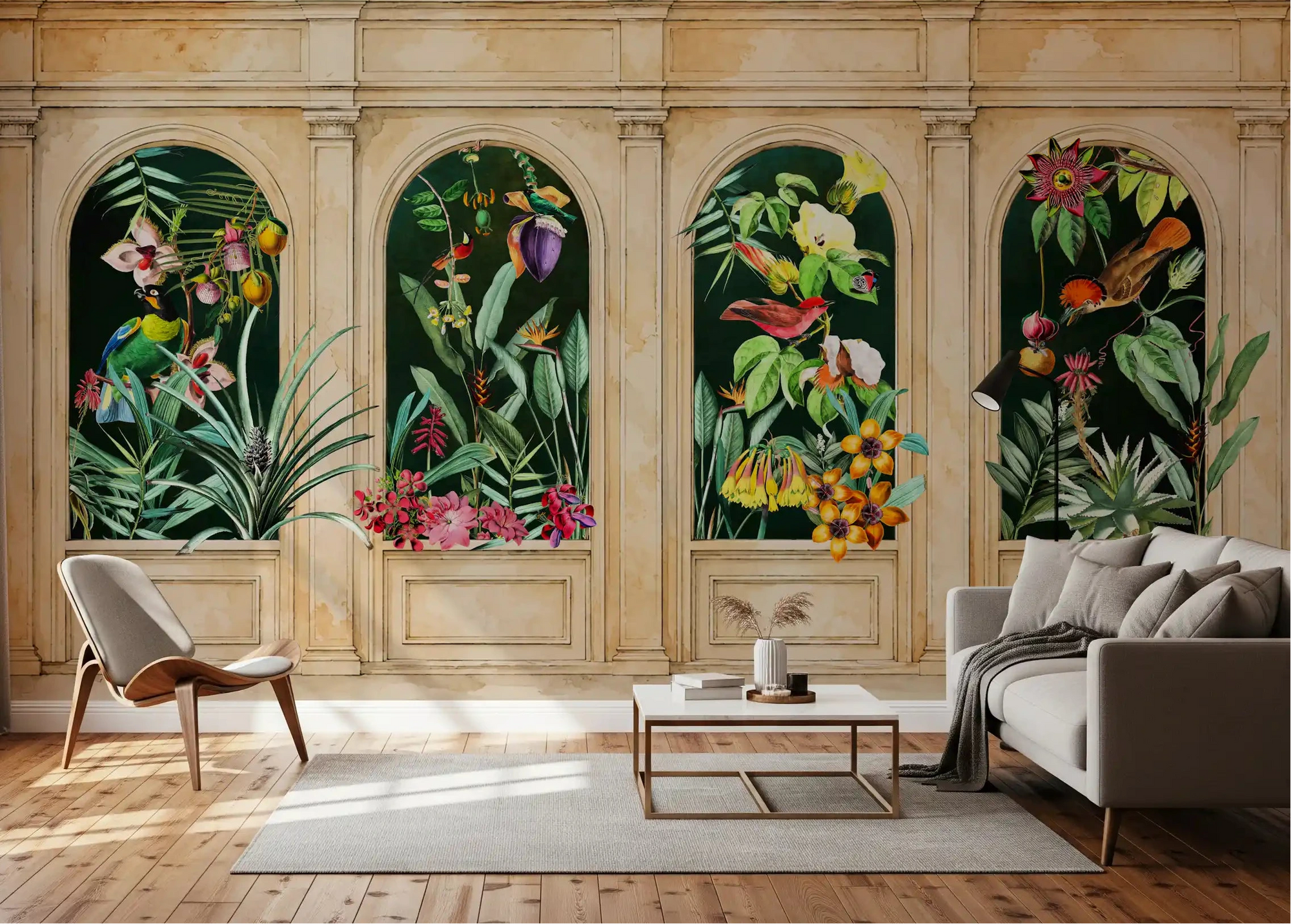 Classical Archways Exotic Botanical wall mural warming a living room, GD10779
