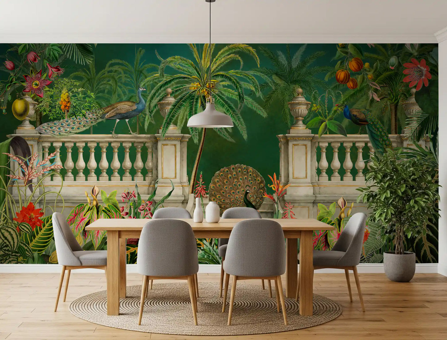 Fresque murale Paon Majestueux et Balustrade Tropicale