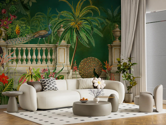 Majestic peacock balustrade wall mural filling a bold living room GD10782
