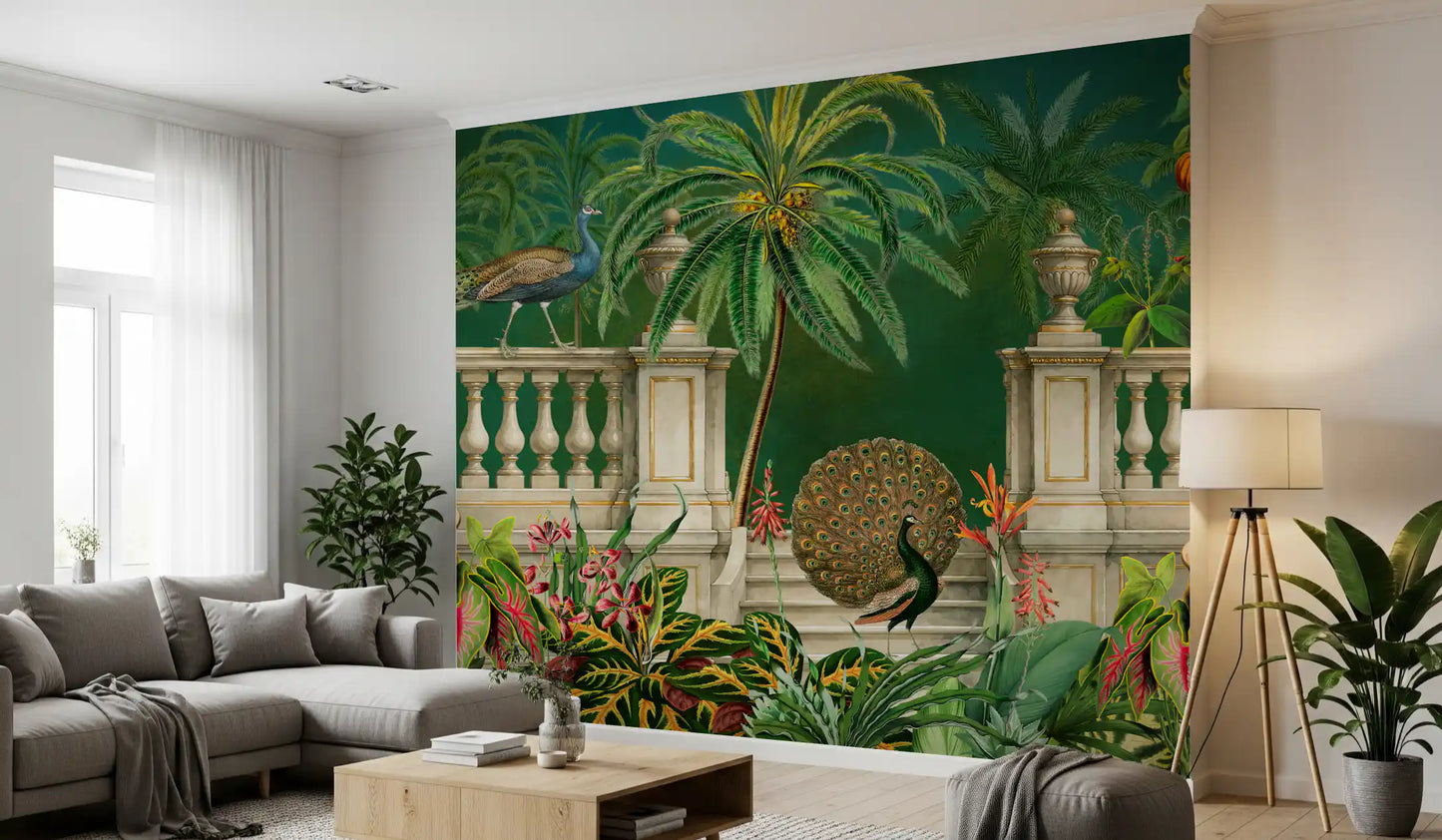 Fresque murale Paon Majestueux et Balustrade Tropicale