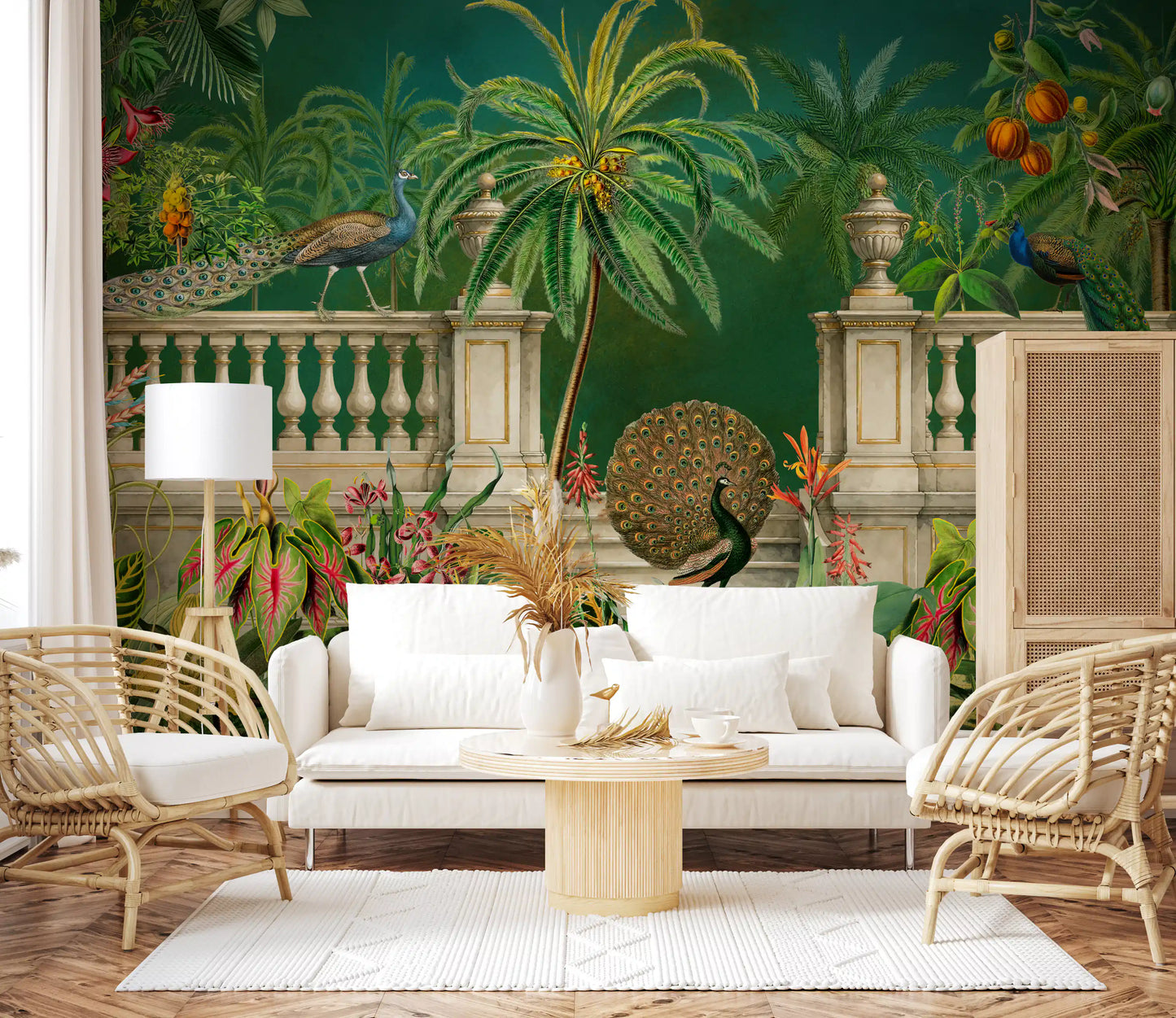 Fresque murale Paon Majestueux et Balustrade Tropicale
