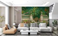 Fresque murale Paon Majestueux et Balustrade Tropicale