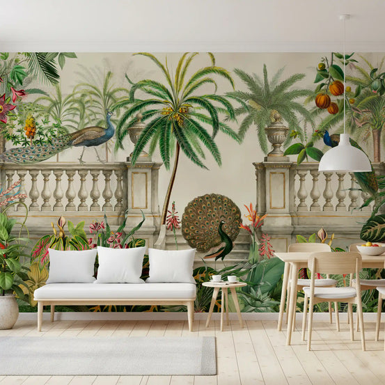 Regal Peacock Terrace wall mural filling a warm Dining room, GD10784
