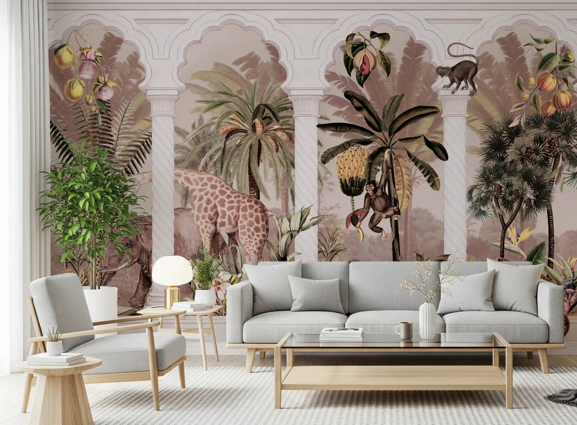 Safari animals under Mughal arches behind a living room, jungle wall mural GD10788
