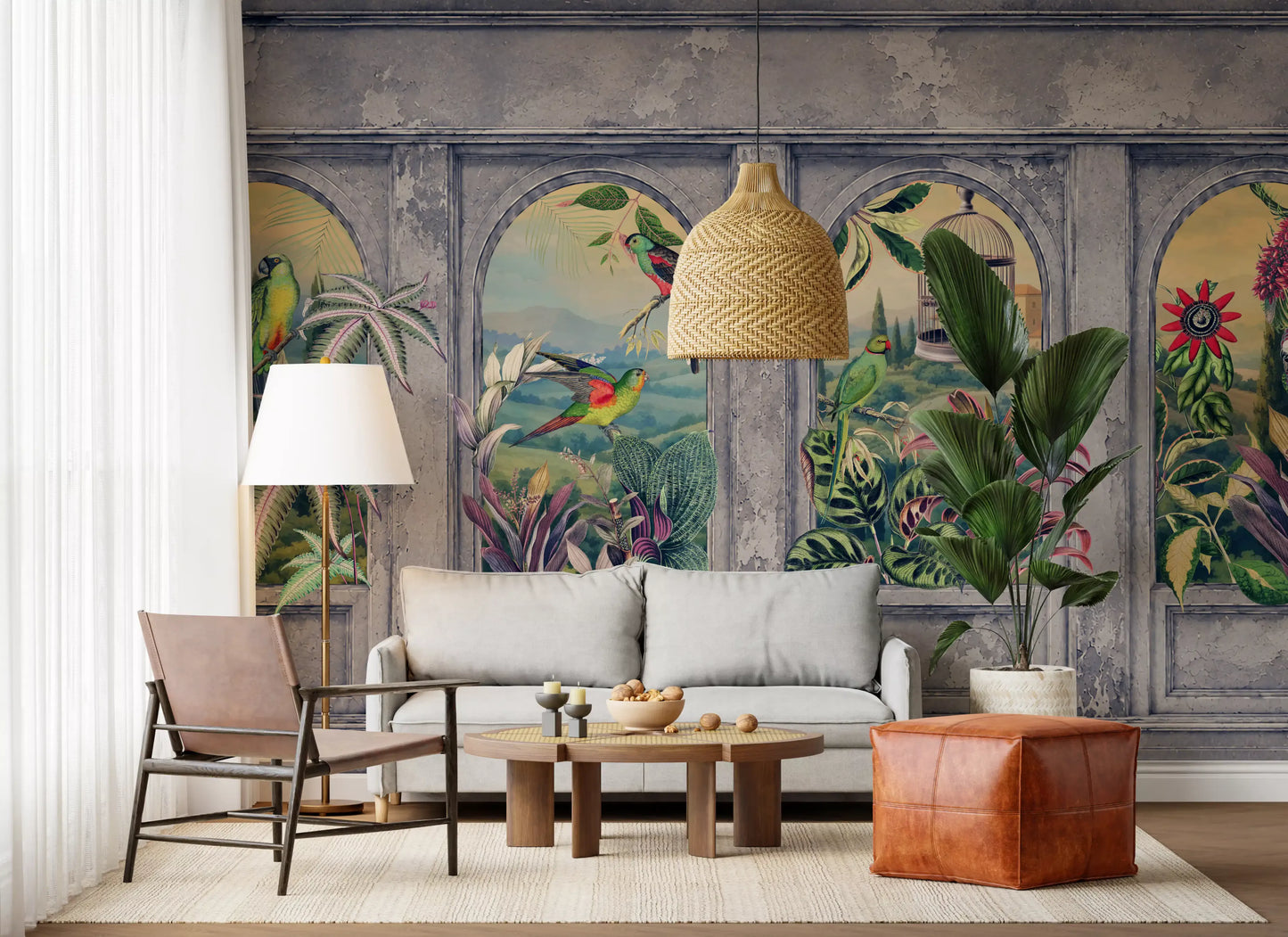 Carta da parati panoramica con archi vintage e uccelli tropicali, 1 murale da parete