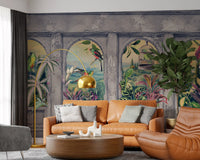 Carta da parati panoramica con archi vintage e uccelli tropicali, 1 murale da parete