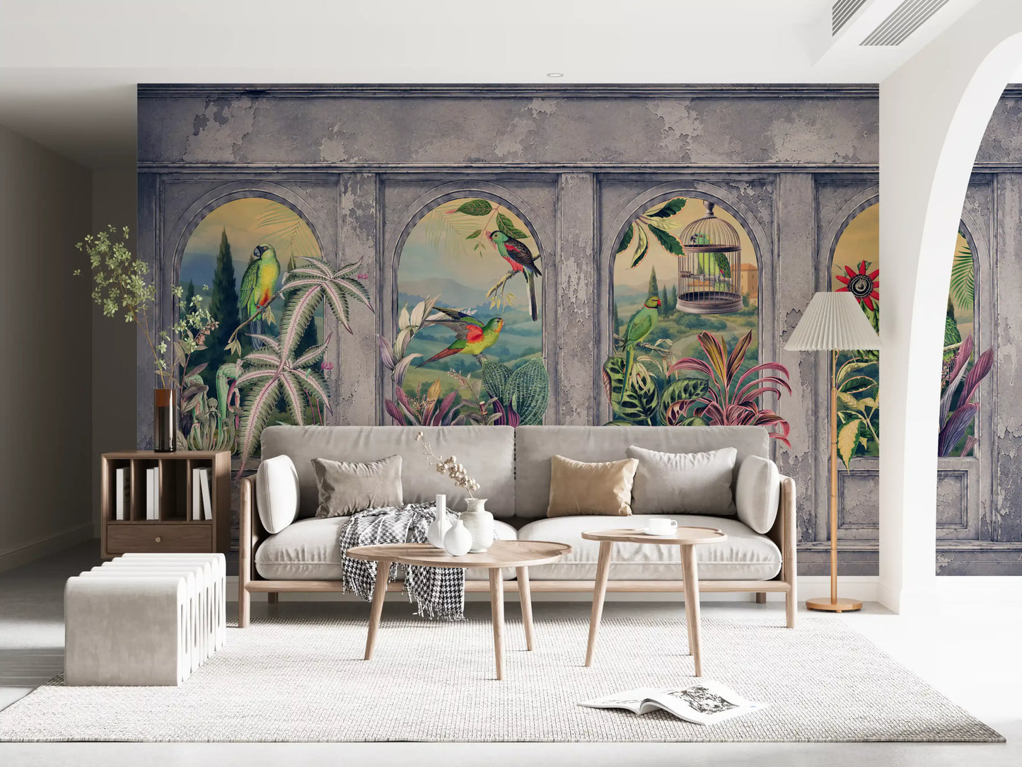 Carta da parati panoramica con archi vintage e uccelli tropicali, 1 murale da parete