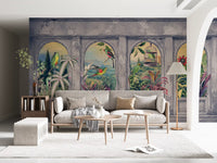 Carta da parati panoramica con archi vintage e uccelli tropicali, 1 murale da parete