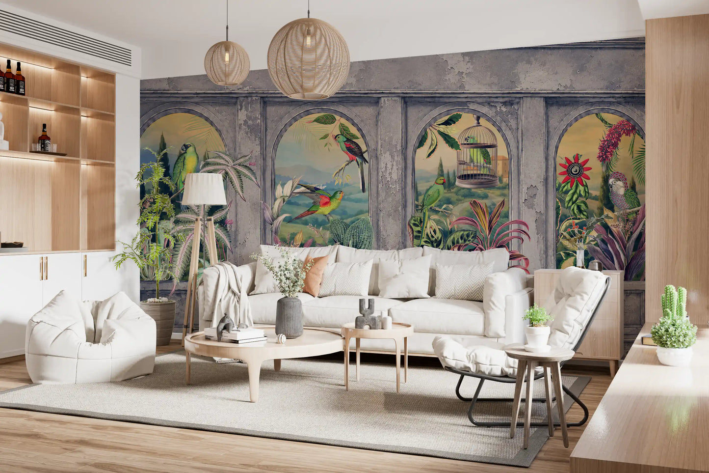 Carta da parati panoramica con archi vintage e uccelli tropicali, 1 murale da parete
