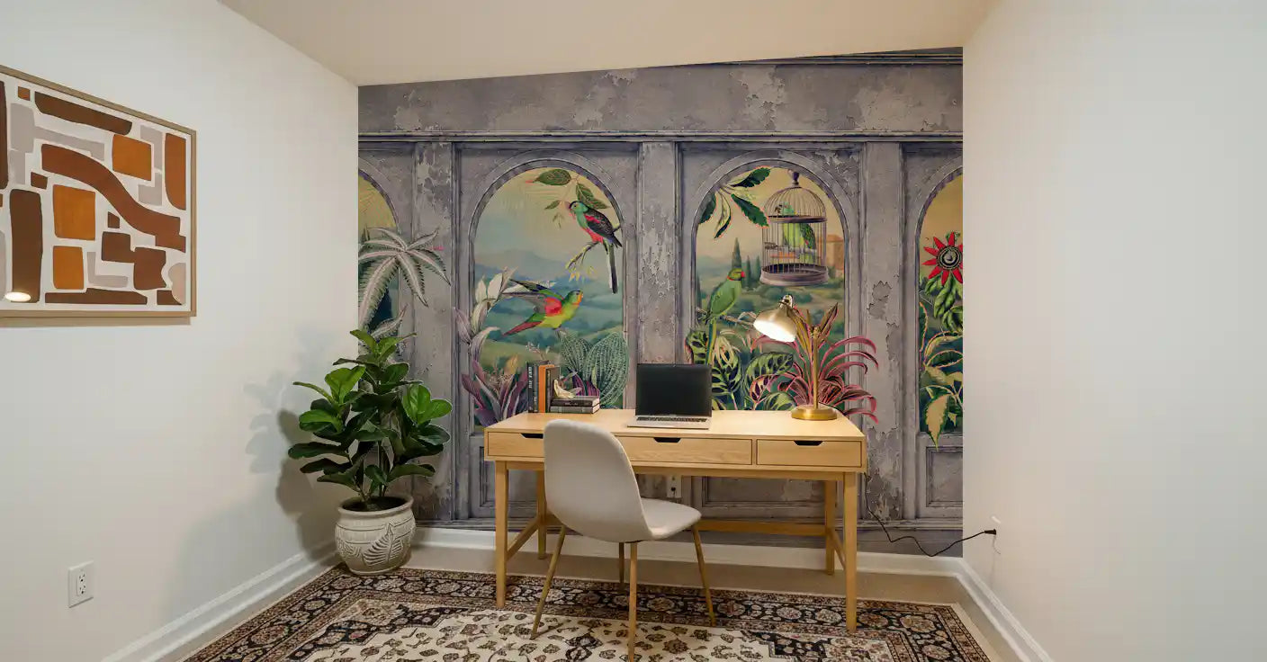 Carta da parati panoramica con archi vintage e uccelli tropicali, 1 murale da parete