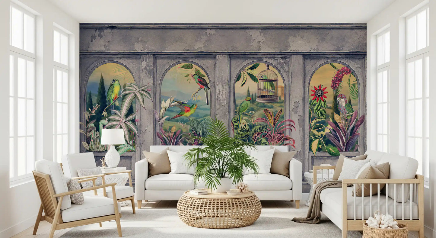 Carta da parati panoramica con archi vintage e uccelli tropicali, 1 murale da parete
