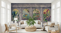 Carta da parati panoramica con archi vintage e uccelli tropicali, 1 murale da parete