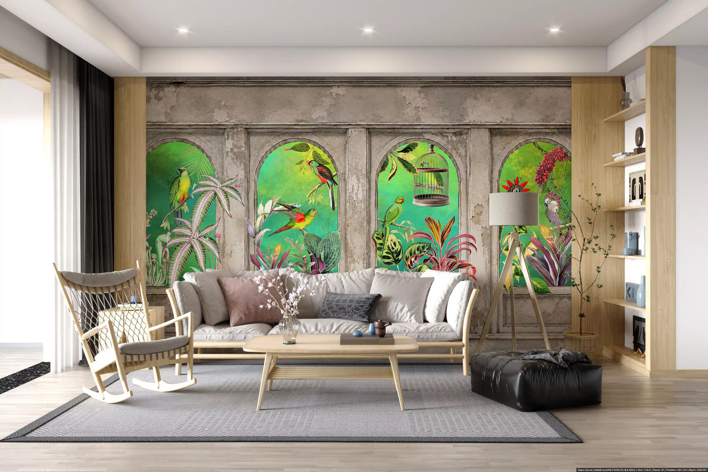 Murale da parete con archi vintage e uccelli tropicali