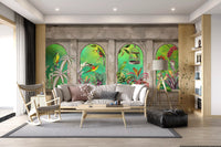 Murale da parete con archi vintage e uccelli tropicali