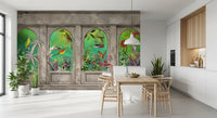 Murale da parete con archi vintage e uccelli tropicali