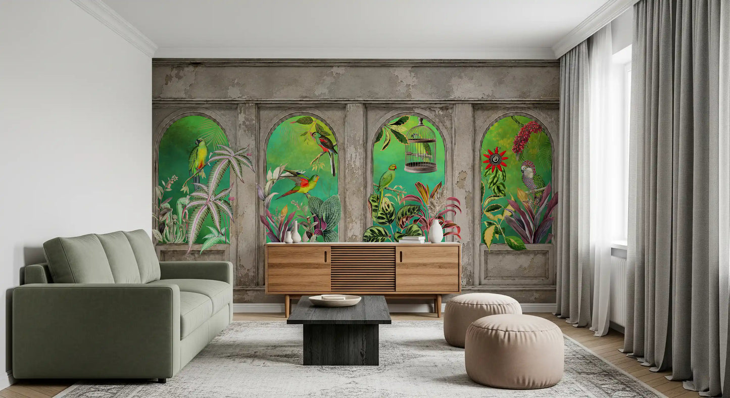 Murale da parete con archi vintage e uccelli tropicali