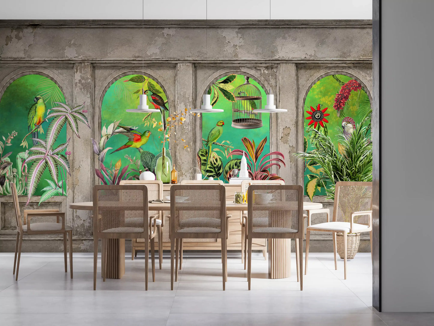 Murale da parete con archi vintage e uccelli tropicali