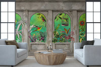 Murale da parete con archi vintage e uccelli tropicali