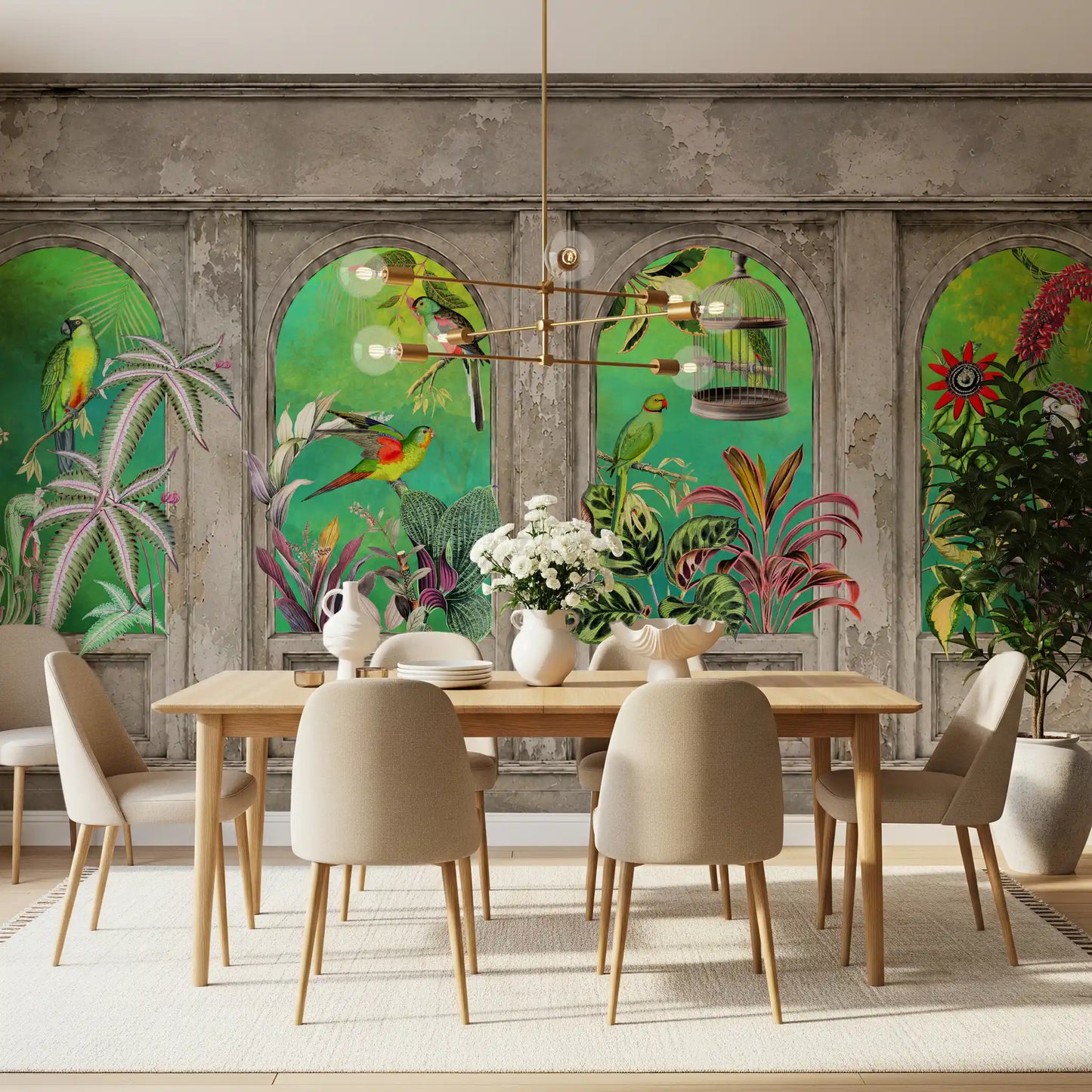Murale da parete con archi vintage e uccelli tropicali