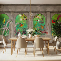 Murale da parete con archi vintage e uccelli tropicali