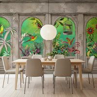 Murale da parete con archi vintage e uccelli tropicali