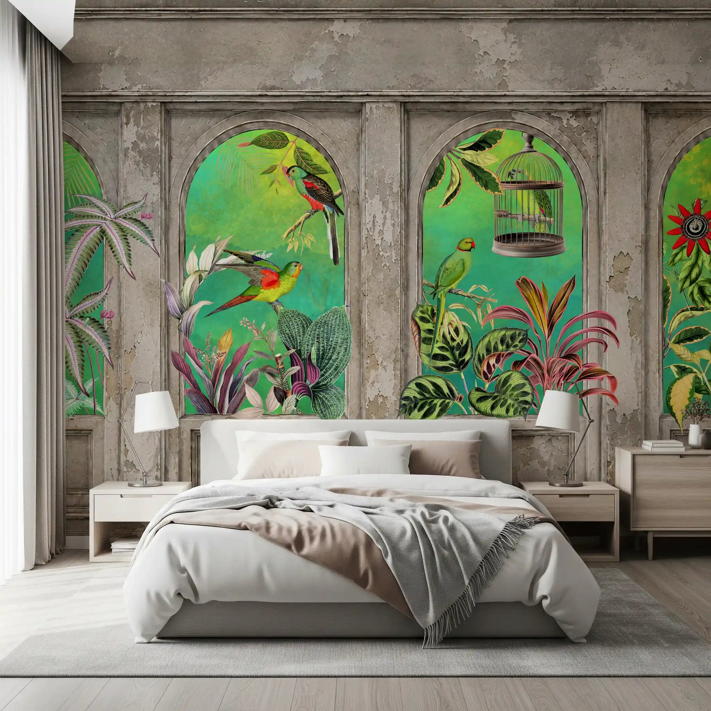 Murale da parete con archi vintage e uccelli tropicali